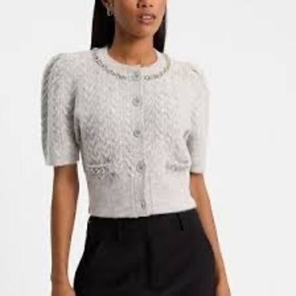 Express Gray Cozy Cable Knit Jewel Embellished Short Sleeve Cardigan Sweater M - Picture 2 of 11